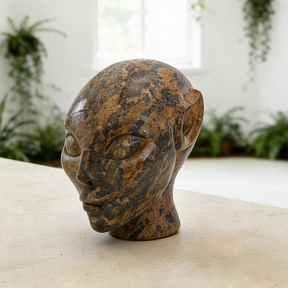 Additional view of a 3-inch Leopard Skin Jasper alien skull carving