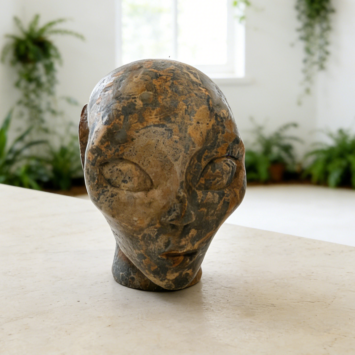 Additional view of a 3-inch Leopard Skin Jasper alien skull carving