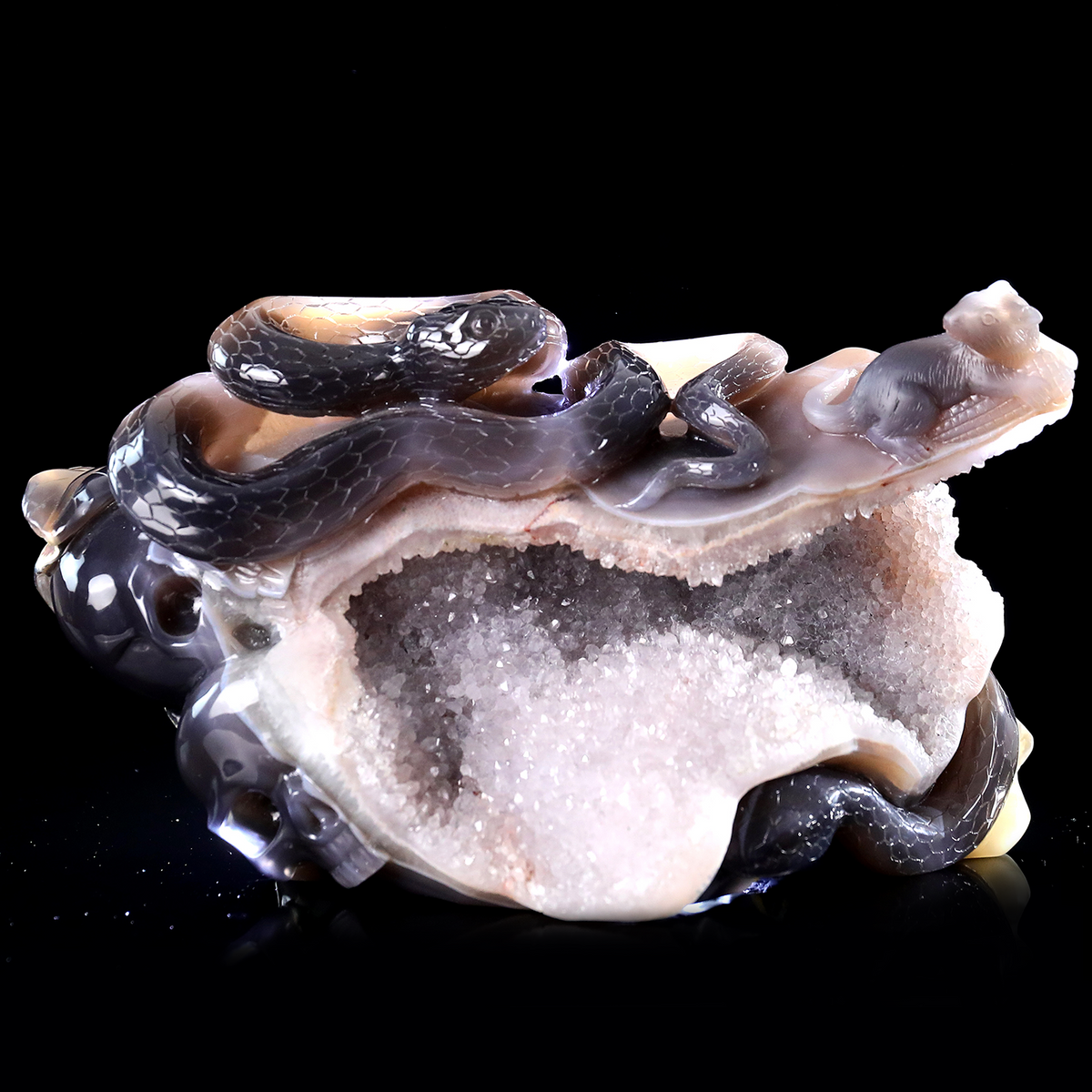 'The Silent Stare’ - Agate Serpent and Mouse on Quartz Geode · Specimen No. 21