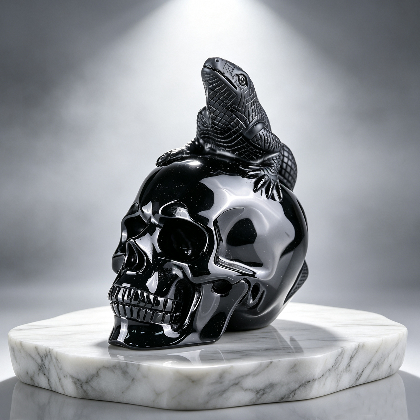 4" Black Obsidian Crystal Skull with Lizard
