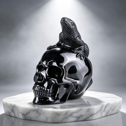 4" Black Obsidian Crystal Skull with Lizard