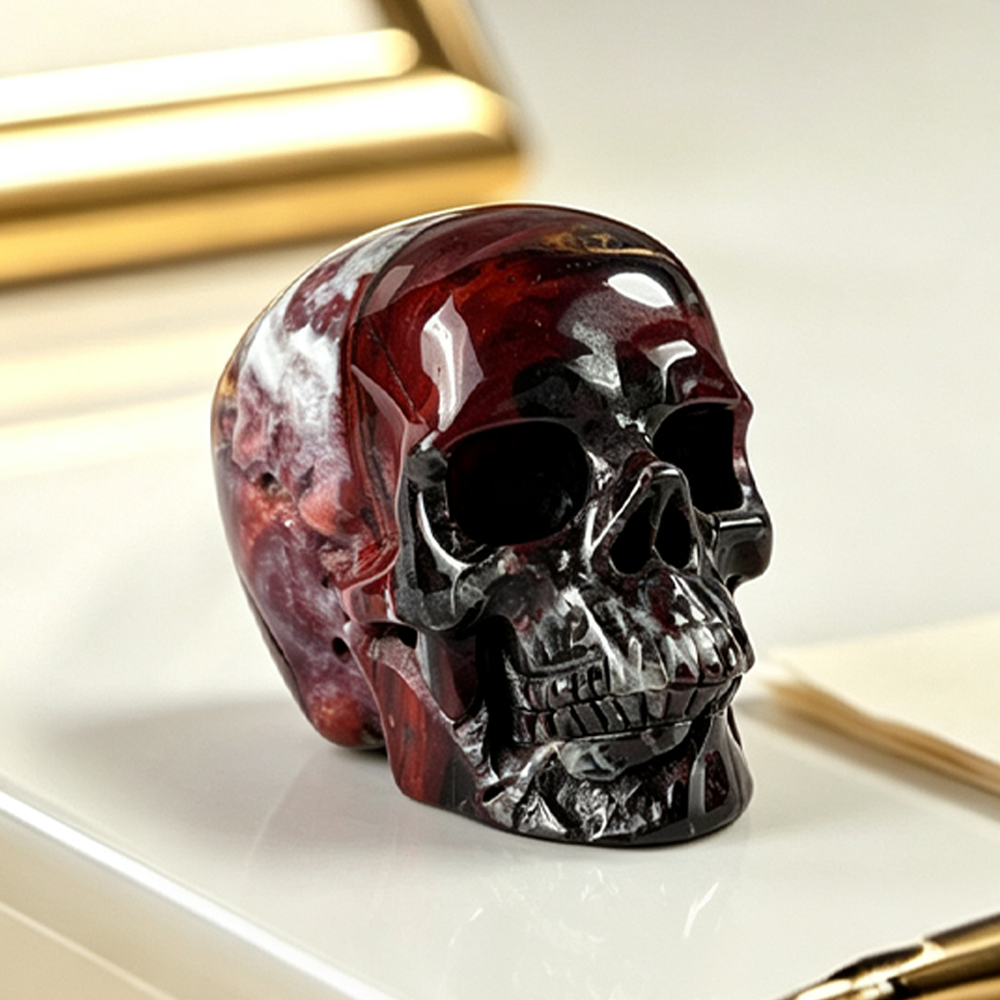 Crâne en cristal d'agate Crazy Lace rouge de 7,6 cm (3 pouces) – Pierre naturelle sculptée à la main