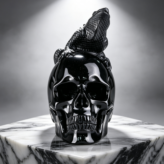 5" Black Obsidian Crystal Skull with Lizard