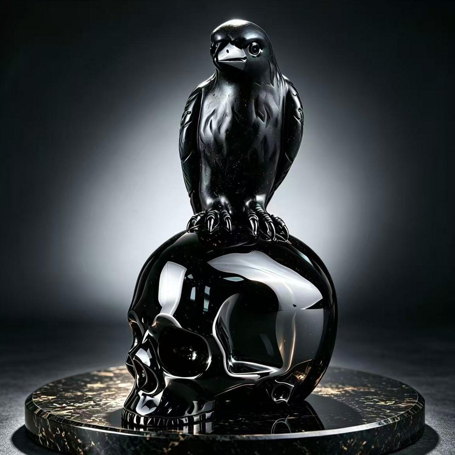 Black Obsidian Crystal Skull with Raven
