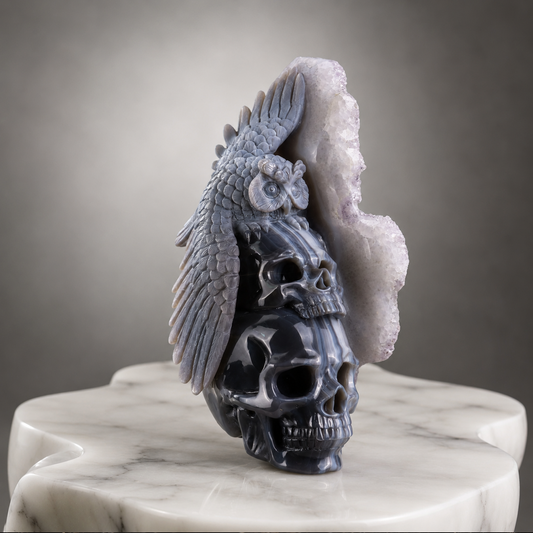 ‘The Owl of Minerva’ - Hand-Carved Agate Owl and Stacked Skulls on Amethyst Druzy Slab · Specimen No. 11