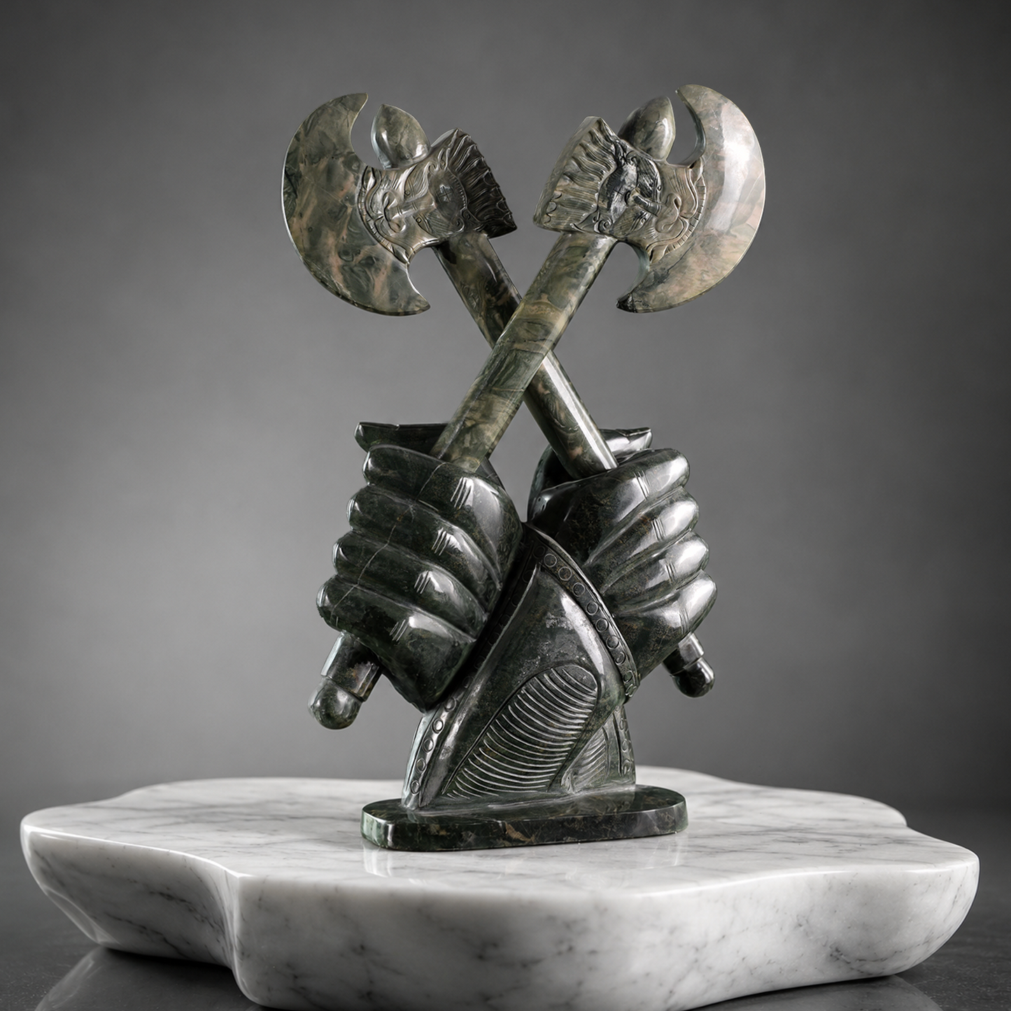 ‘Warlord’s Vow’ - Nine Dragon Jasper Armored Hands with Crossed Axes · Specimen No. 06