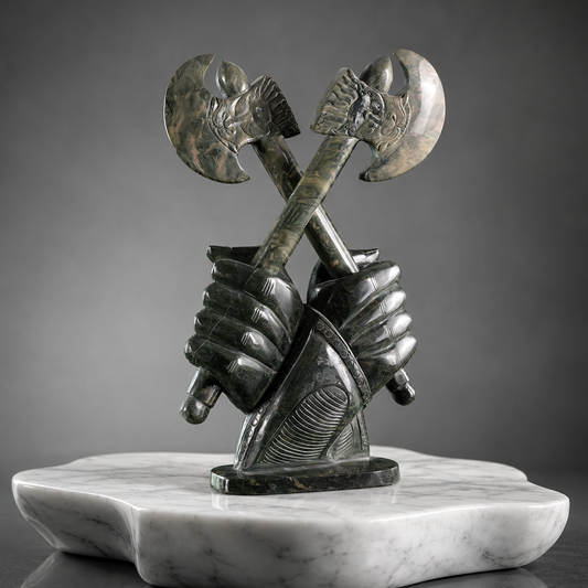 ‘Warlord’s Vow’ - Nine Dragon Jasper Armored Hands with Crossed Axes · Specimen No. 06
