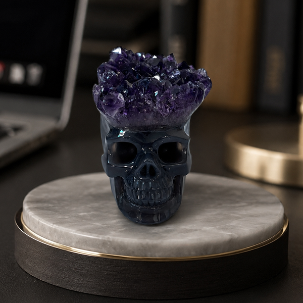 3 inch Amethyst Cluster Crown Crystal Skull - Hand Carved Natrual Crystal