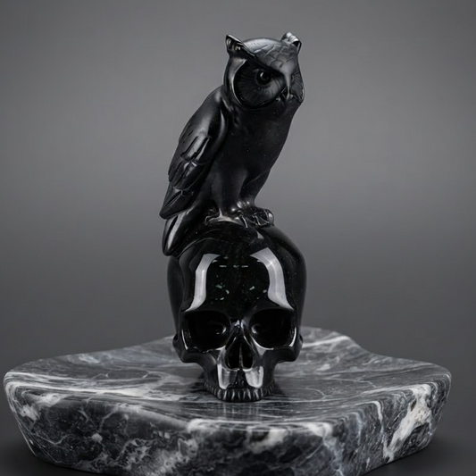 6" Black Obsidian Crystal Skull with Owl