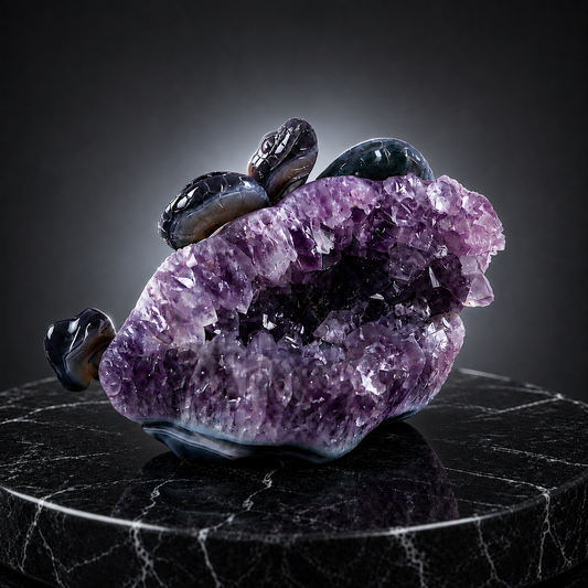 ‘The Violet Citadel’ - Coiled Banded Agate Sentinel in Raw Amethyst Cave · Specimen No. 28