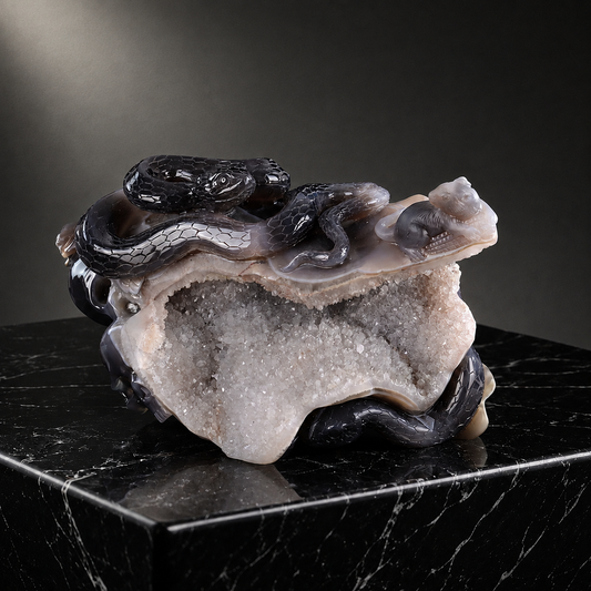 'The Silent Stare’ - Agate Serpent and Mouse on Quartz Geode · Specimen No. 21