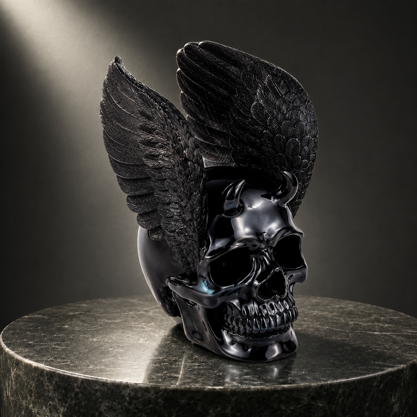 “Fallen Angel” — Black Obsidian Winged Skull · Specimen No. 022