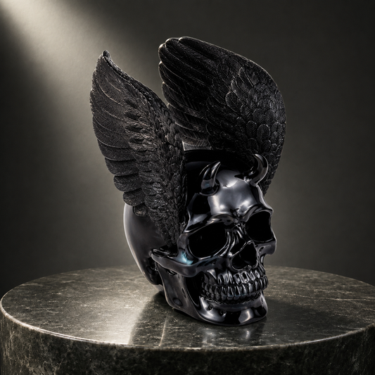 “Fallen Angel” — Black Obsidian Winged Skull · Specimen No. 022