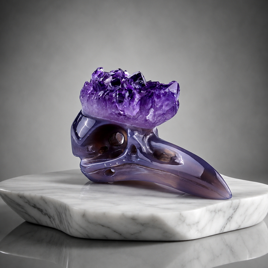 ‘The Purple Crown’ - Amethyst Cluster Raven Skull · Specimen No. 32