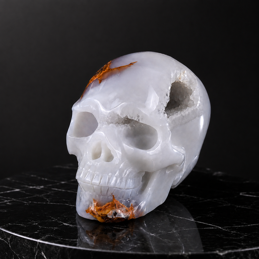 ‘Glacial Sanctum’ - Hand-Carved Ice-Blue Chalcedony Geode Skull · Specimen No. 33