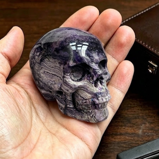2" Purple Peacock Stone Crystal Skull - Pattern F