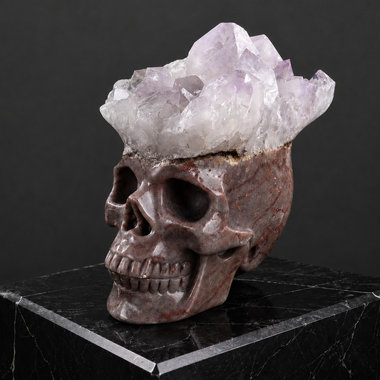 ‘Prismatic Peak’ - Pink Agate Skull with Raw Amethyst Points · Specimen No. 10