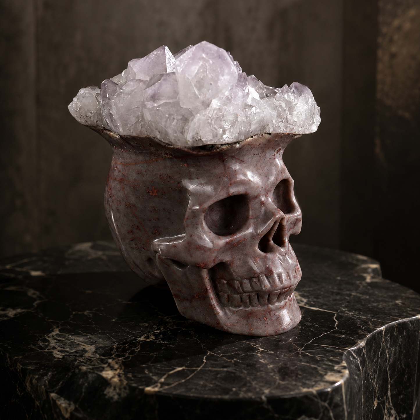 ‘The Astral Canopy’ - Hand-Carved Agate Skull with Broad Amethyst Diadem · Specimen No. 09
