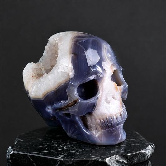 ‘The Lunar Grotto’ - Agate Geode Skull with Raw Quartz Druzy Pocket · Specimen No. 02