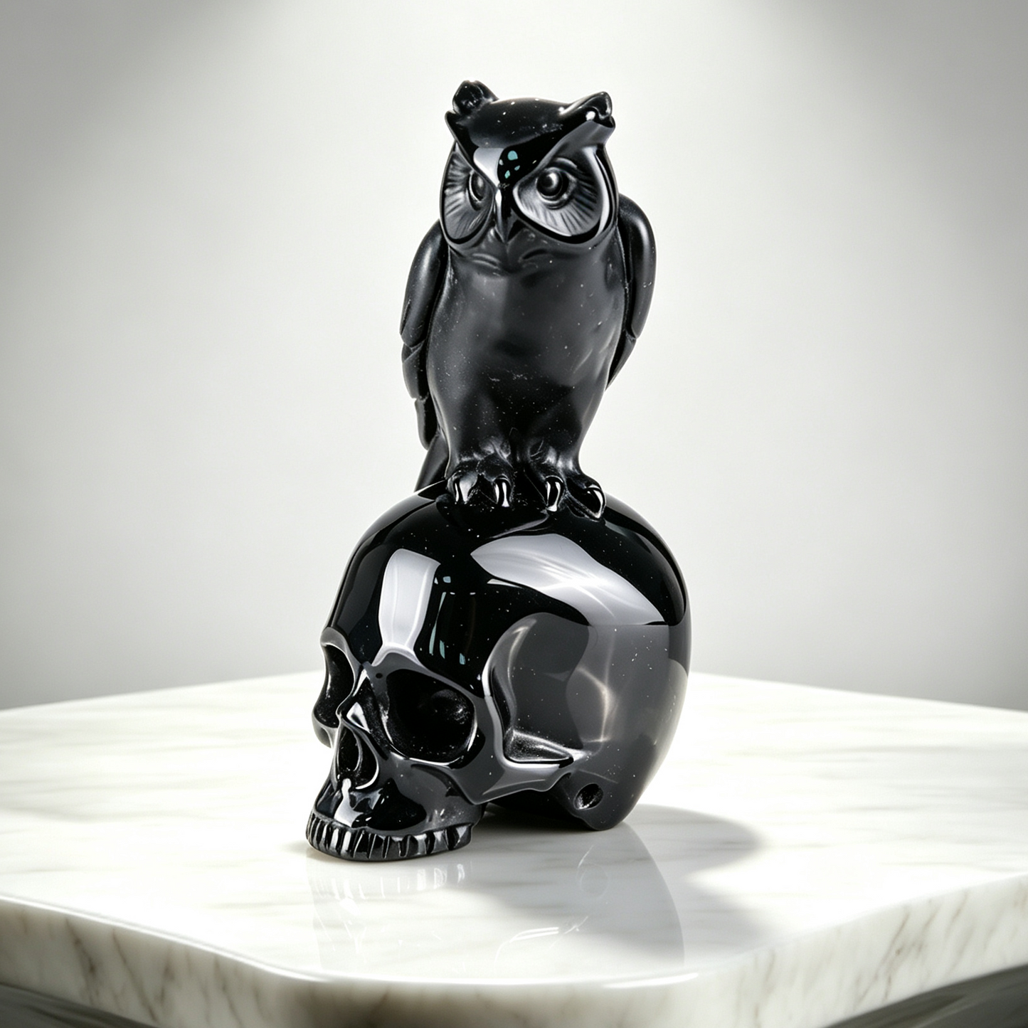 4" Black Obsidian Crystal Skull with Owl