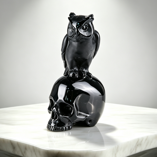 4" Black Obsidian Crystal Skull with Owl