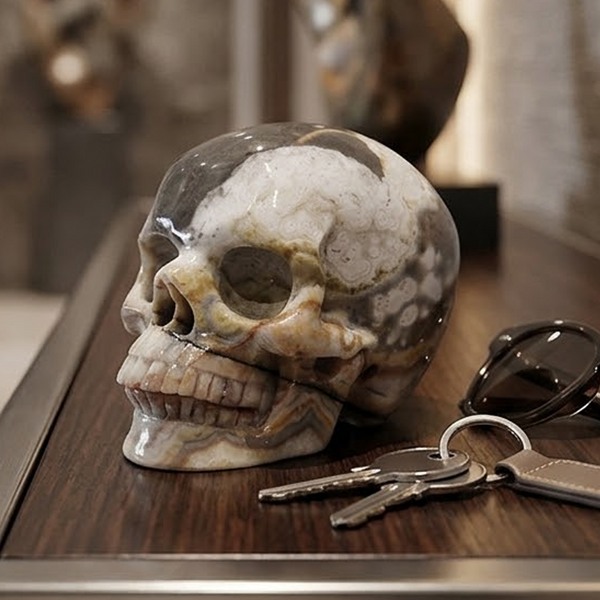 3 Inch Red Crazy Lace Agate Crystal Skull – Hand Carved Natural Stone