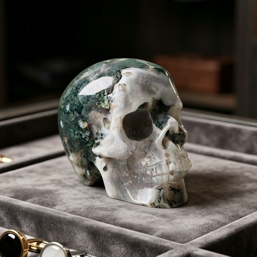 3" Moss Agate Crystal Skull - Pattern C