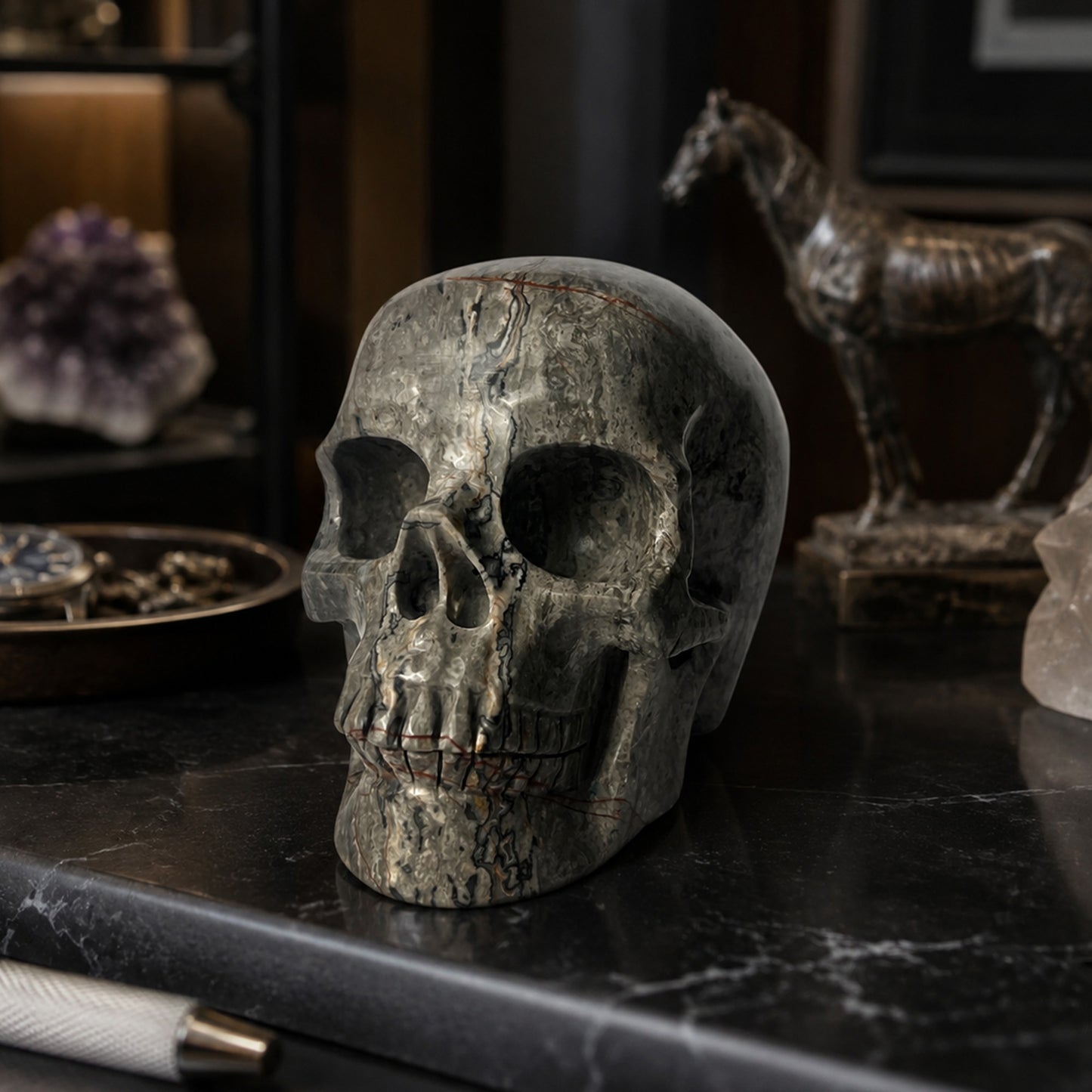 4.5" Grey Picture Jasper Crystal Skull - Pattern A