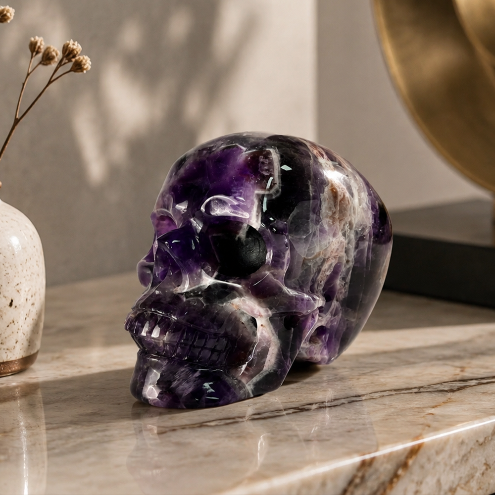 4,5 Zoll großer Amethyst-Kristallschädel – handgeschnitzter Naturedelstein