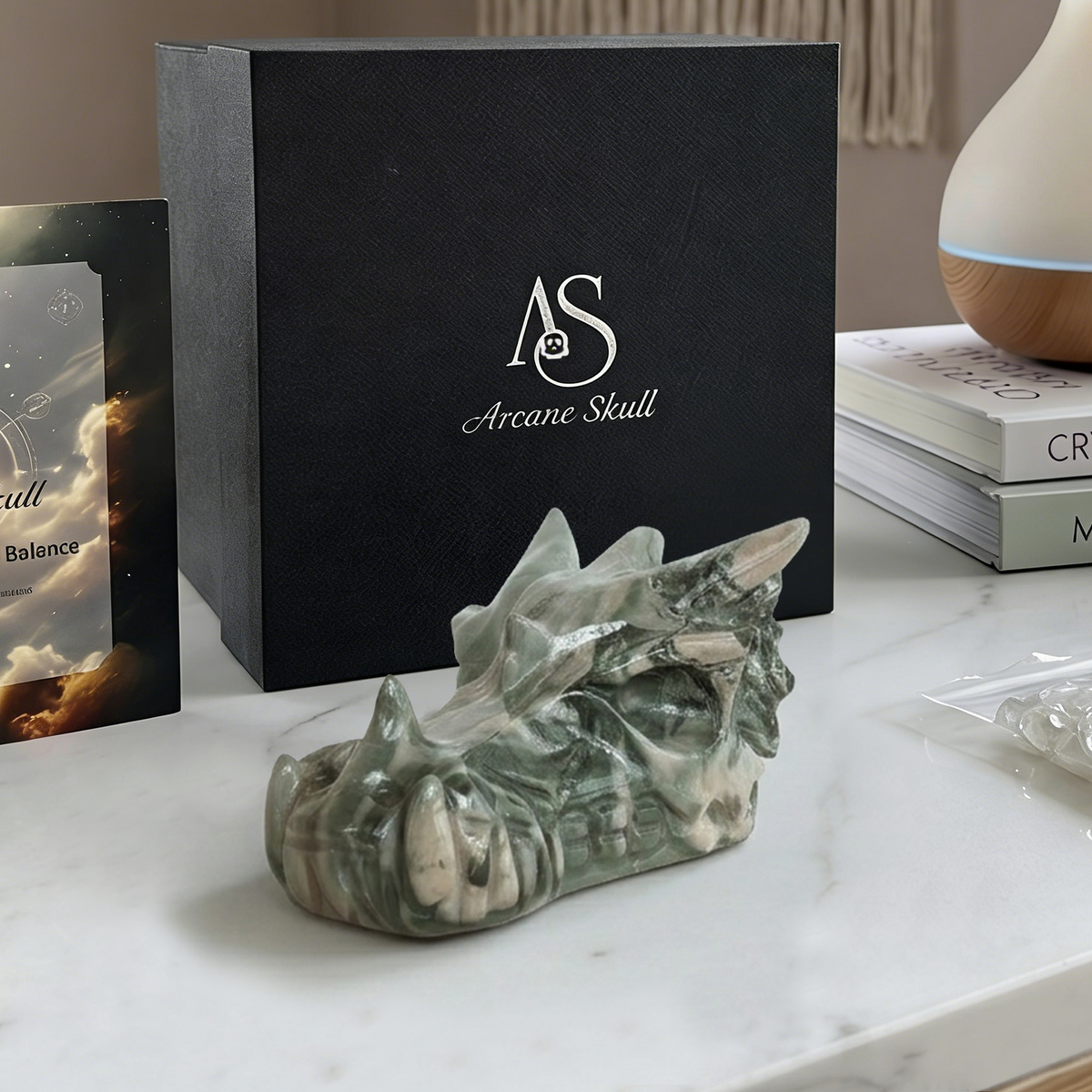 Additional view of a 3-inch Nine Dragon Jade dragon skull carving