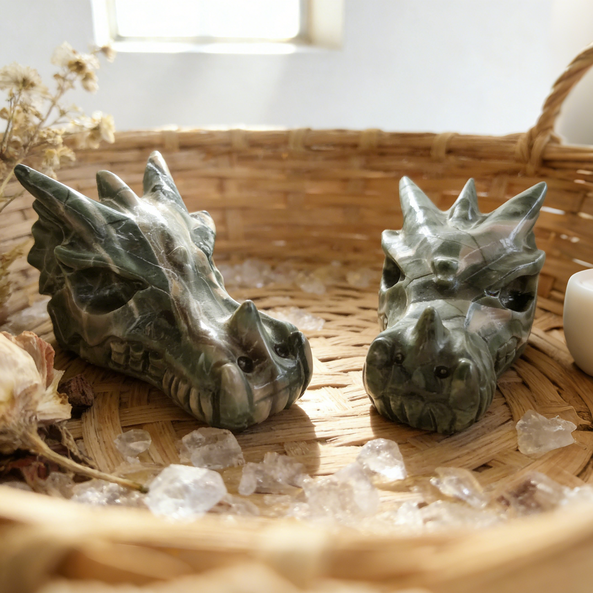 Additional view of a 3-inch Nine Dragon Jade dragon skull carving