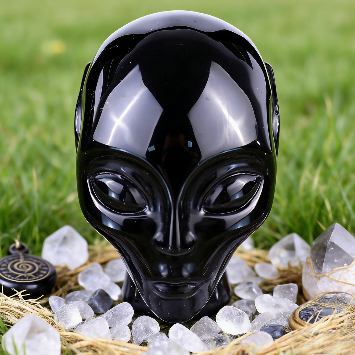 Additional view of a 2-inch Obsidian alien skull carving