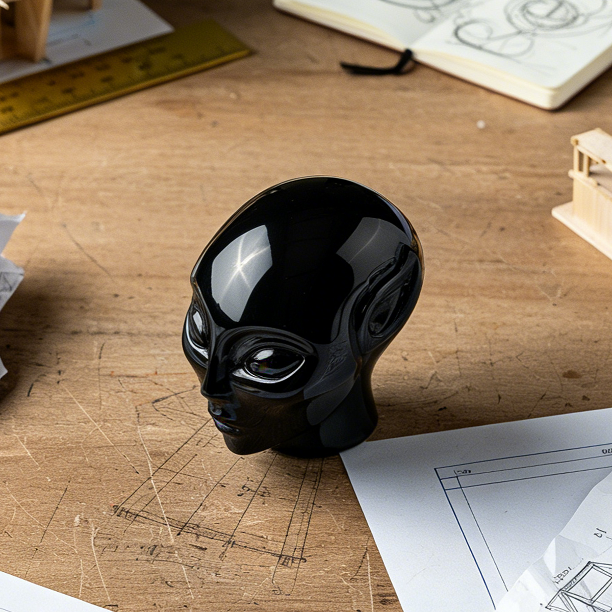 Additional view of a 3-inch Obsidian alien skull carving