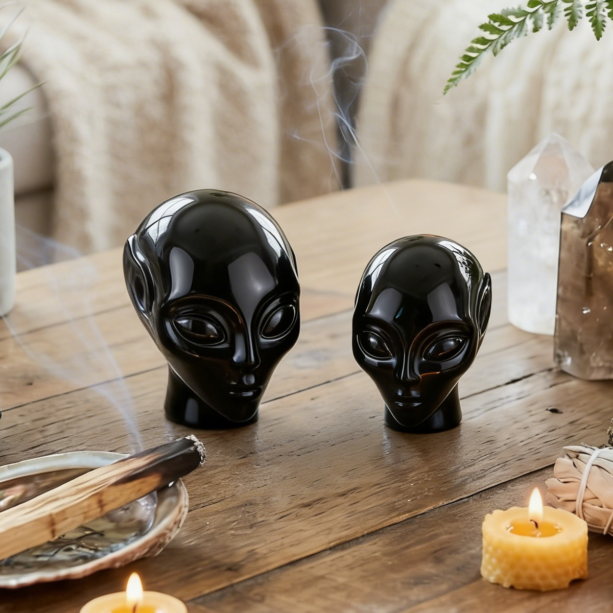 Additional view of a 3-inch Obsidian alien skull carving