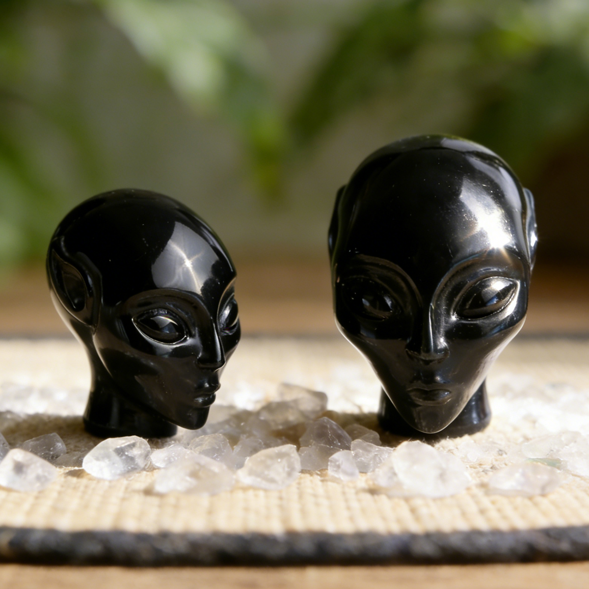 Additional view of a 3-inch Obsidian alien skull carving