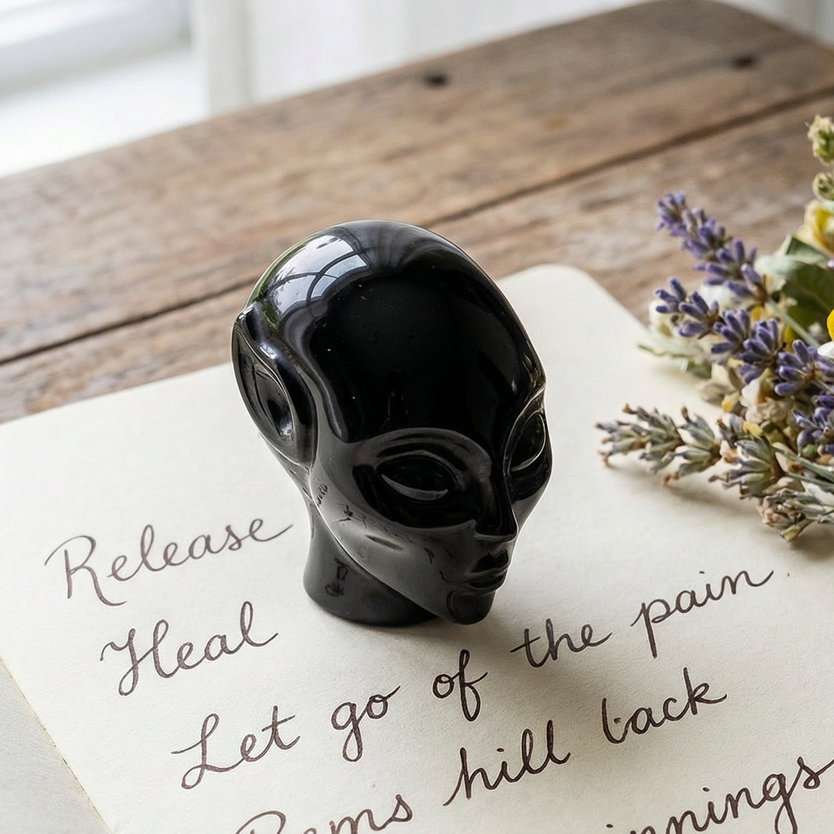 Additional view of a 3-inch Obsidian alien skull carving