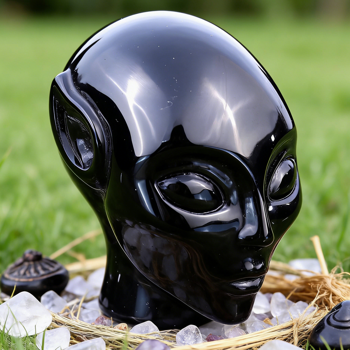 Additional view of a 3.8-inch Obsidian alien skull carving