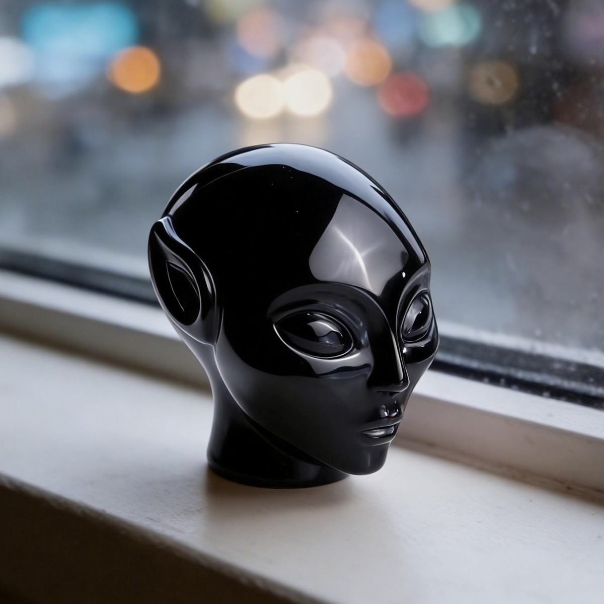 Additional view of a 3.8-inch Obsidian alien skull carving