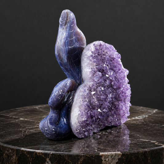 Main view of a one-of-a-kind Agate and Amethyst cobra with heart-shaped crystal cluster sculpture