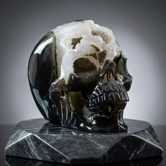 Additional view of a one-of-a-kind Agate geode skull carving