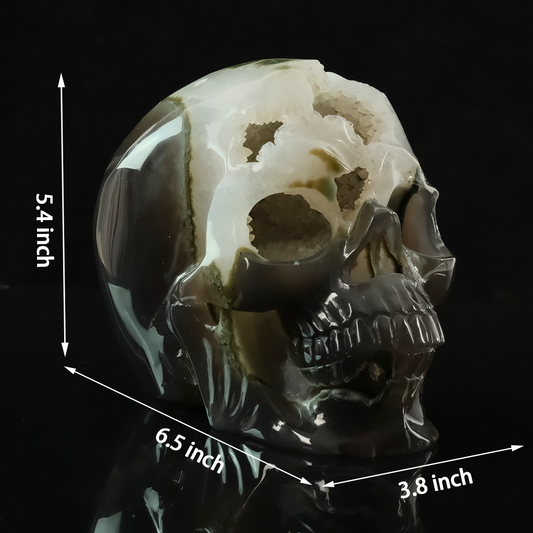 Additional view of a one-of-a-kind Agate geode skull carving