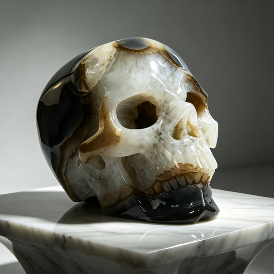 Additional view of a one-of-a-kind Agate geode skull carving