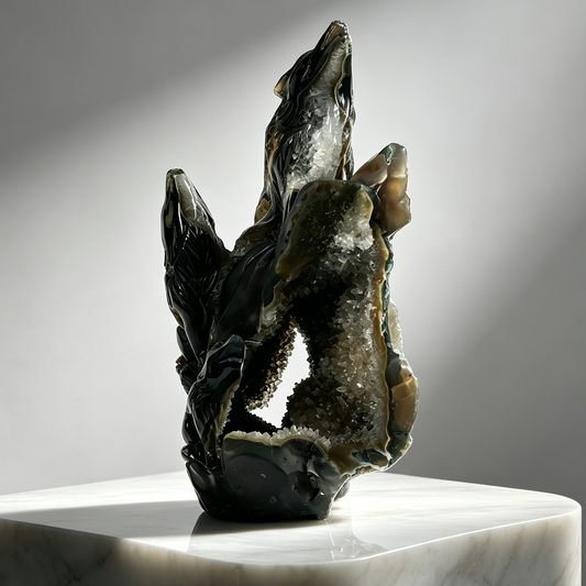 Additional view of a one-of-a-kind Agate geode wolf carving