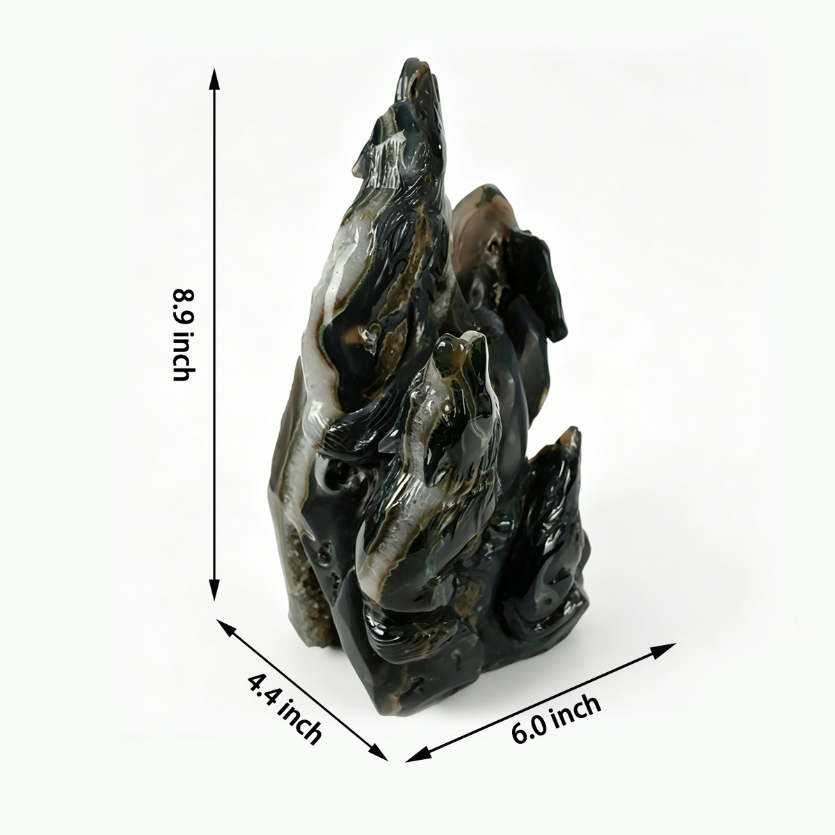 Additional view of a one-of-a-kind Agate geode wolf carving