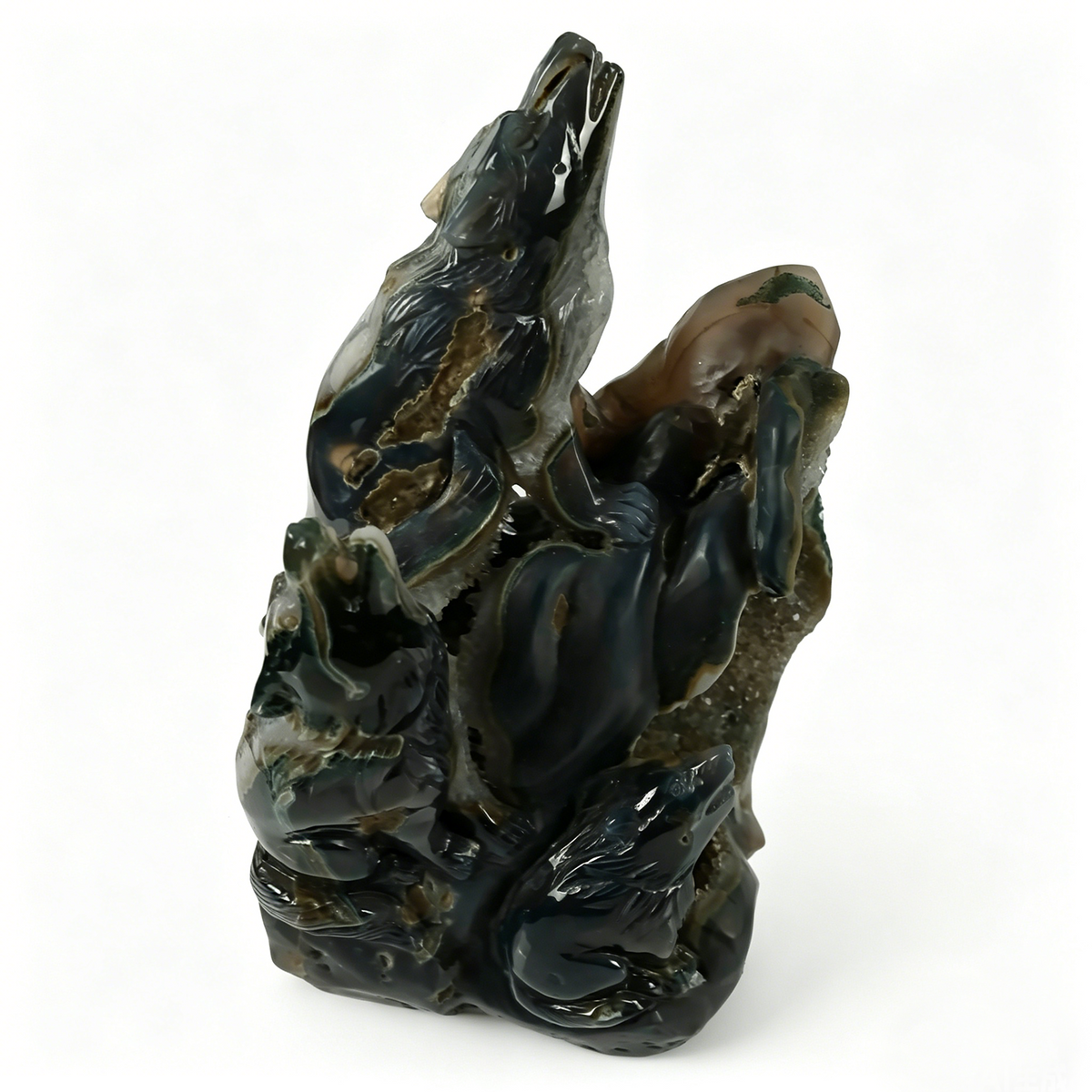 Additional view of a one-of-a-kind Agate geode wolf carving
