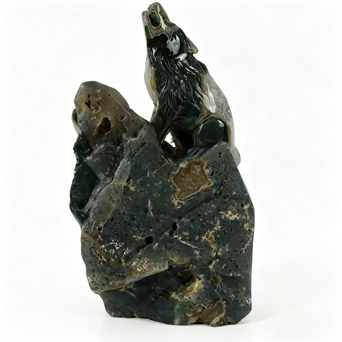 Additional view of a one-of-a-kind Agate geode wolf carving
