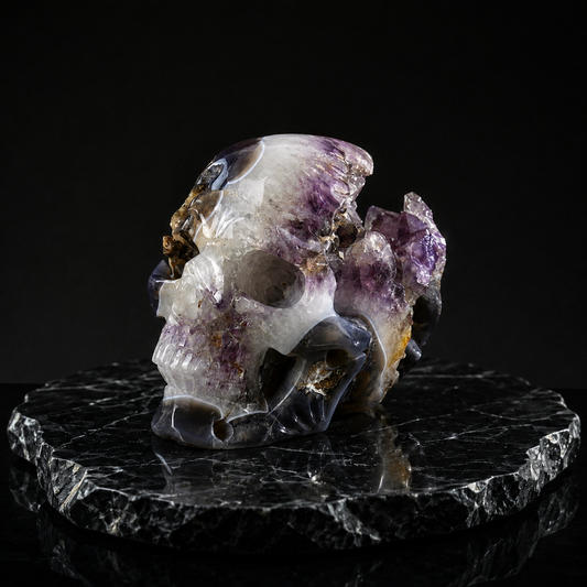 Main view of a one-of-a-kind Amethyst and Agate geode skull carving