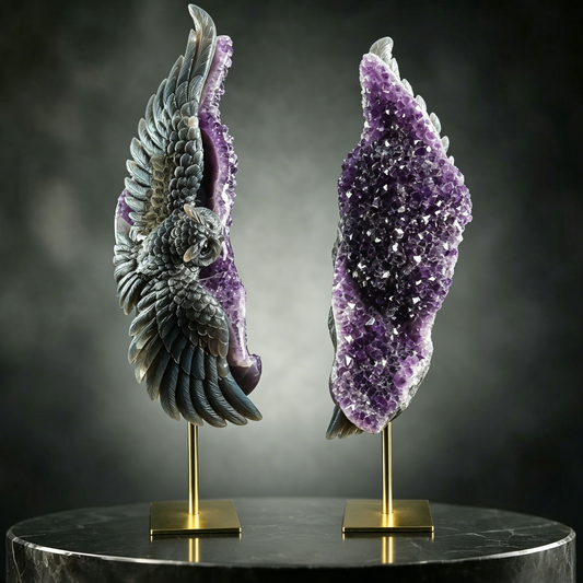 Additional view of a one-of-a-kind Amethyst crystal-cluster owl carving