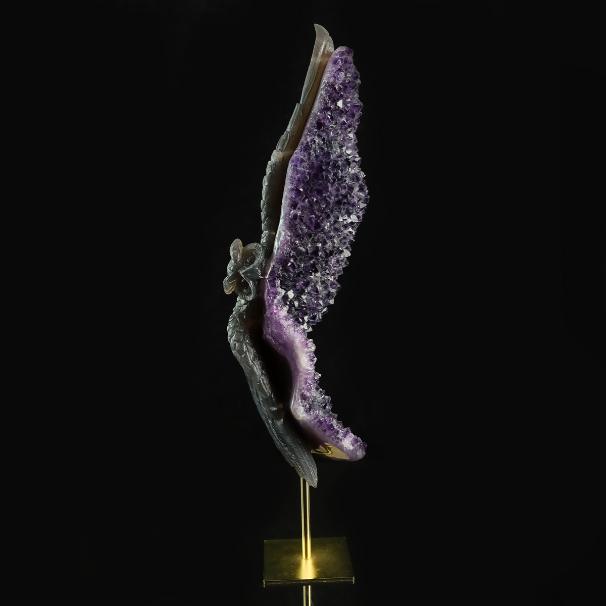 Additional view of a one-of-a-kind Amethyst crystal-cluster owl carving