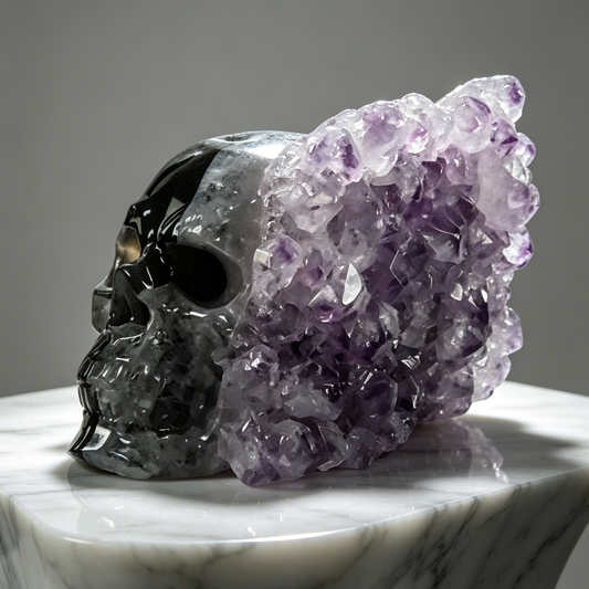 Additional view of a one-of-a-kind Amethyst crystal-cluster skull carving